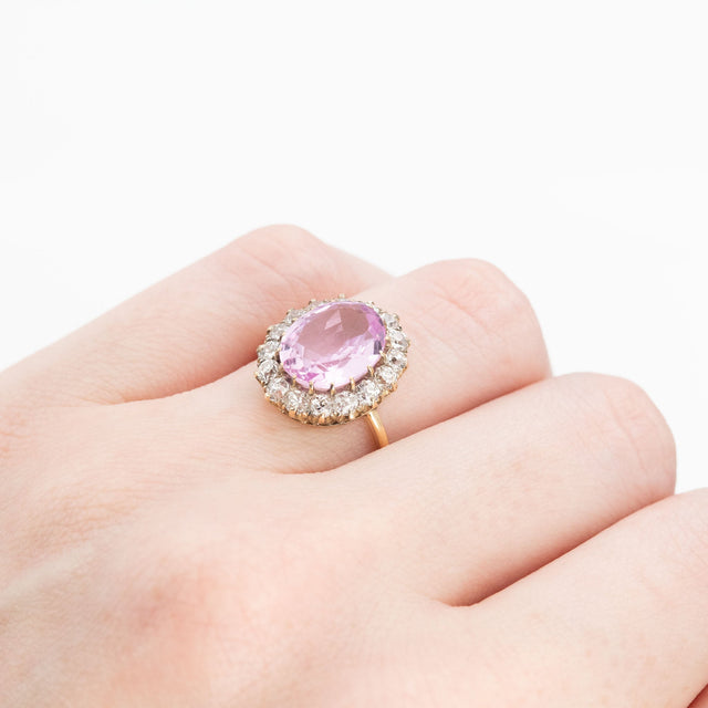 Art Deco 18ct Yellow Gold Pink Topaz and Diamond Cluster Ring