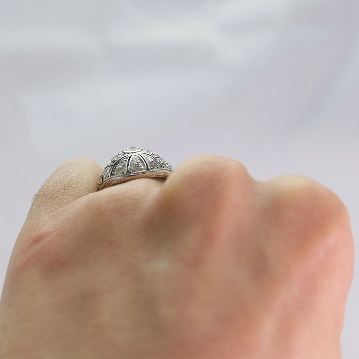 Art Deco 18ct White Gold Diamond Bombé Style Ring