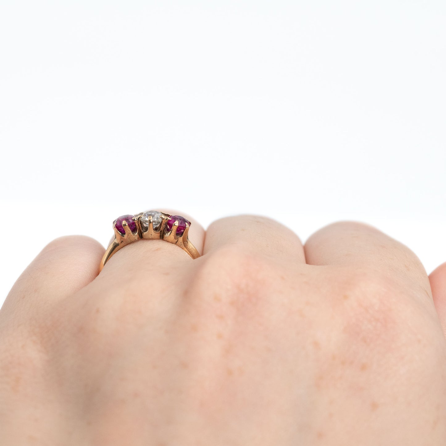 Art Deco 18ct Yellow Gold Ruby and Diamond Three Stone Ring - Friar House