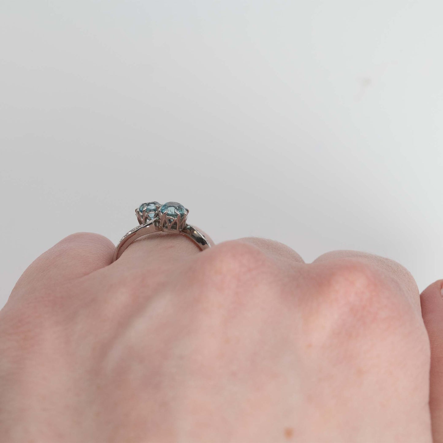 Art Deco Platinum Blue Zircon Two Stone Crossover Ring - Friar House