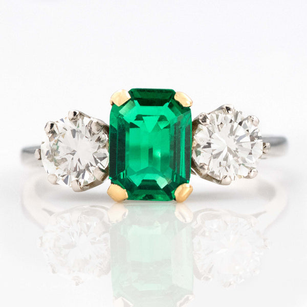 Art Deco Platinum Emerald and Diamond Three Stone Ring - Friar House