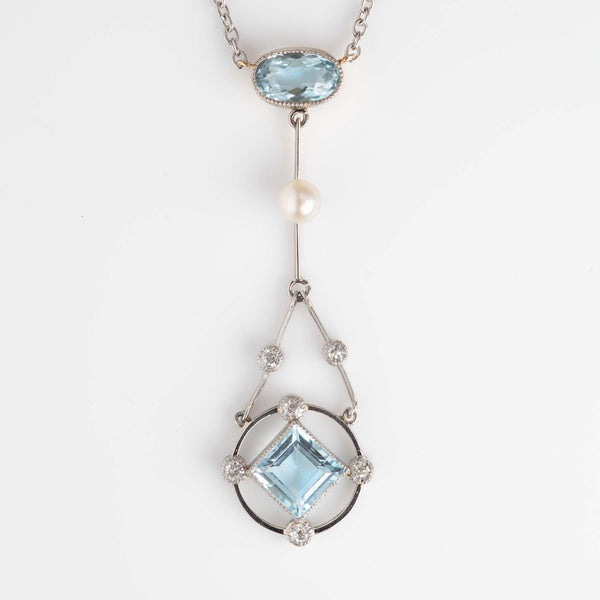 Art Deco Platinum Gold Aquamarine Diamond and Seed Pearl Pendant - Friar House