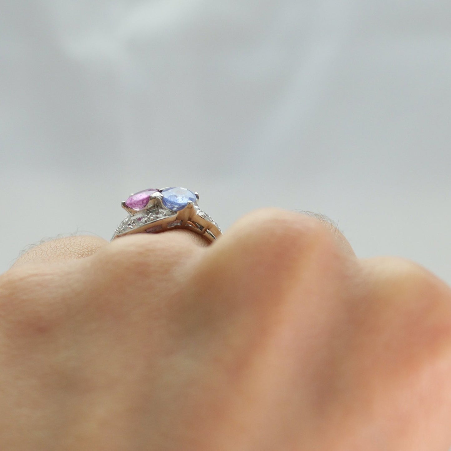 Art Deco Platinum Pink and Blue Sapphire Two Stone Crossover Ring - Friar House