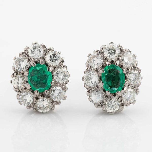 Vintage 18ct White Gold Emerald and Diamond Cluster Earrings - Friar House