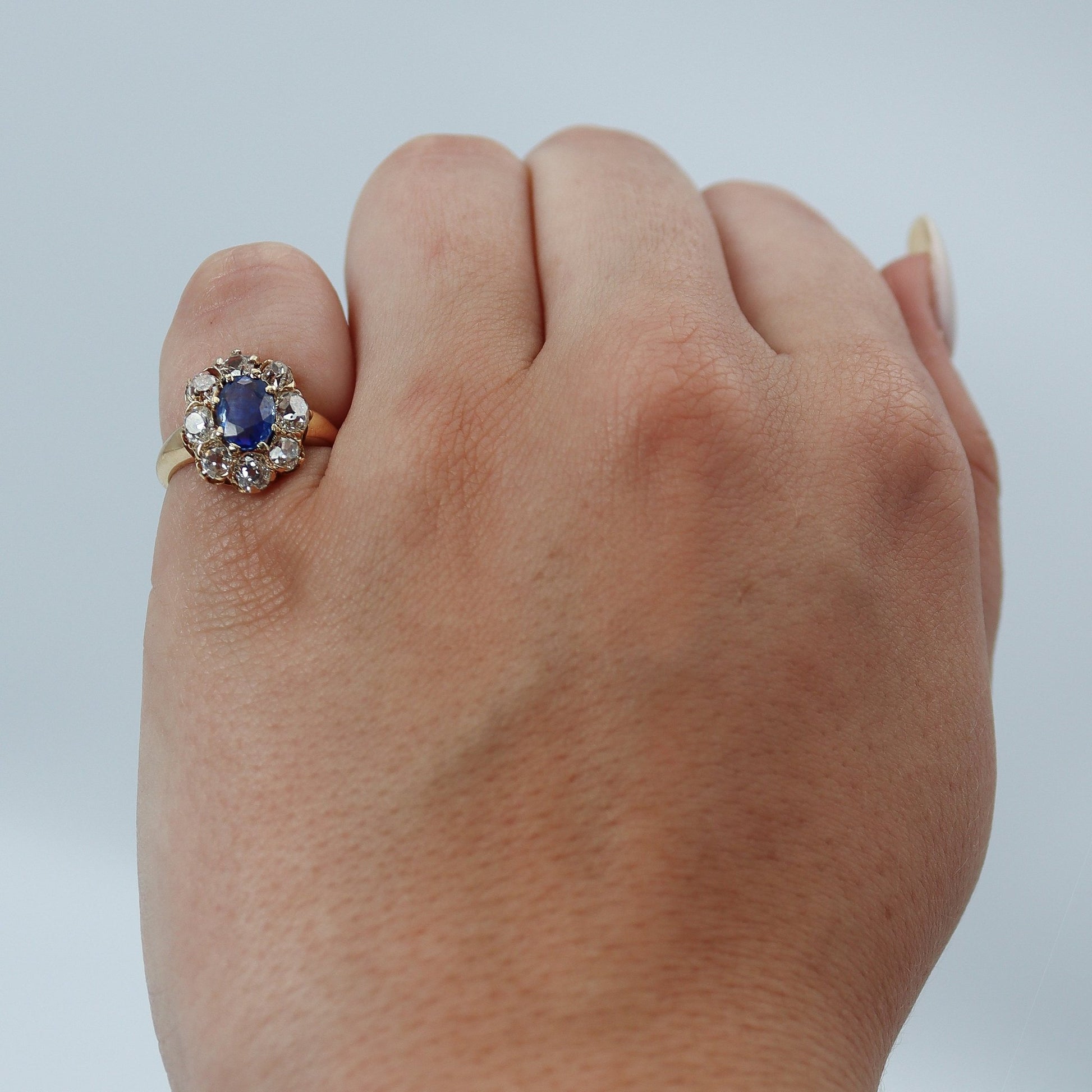 Lovely Art Deco 18 carat Gold 1 Carat Sapphire and Diamond Cluster Ring - Friar House