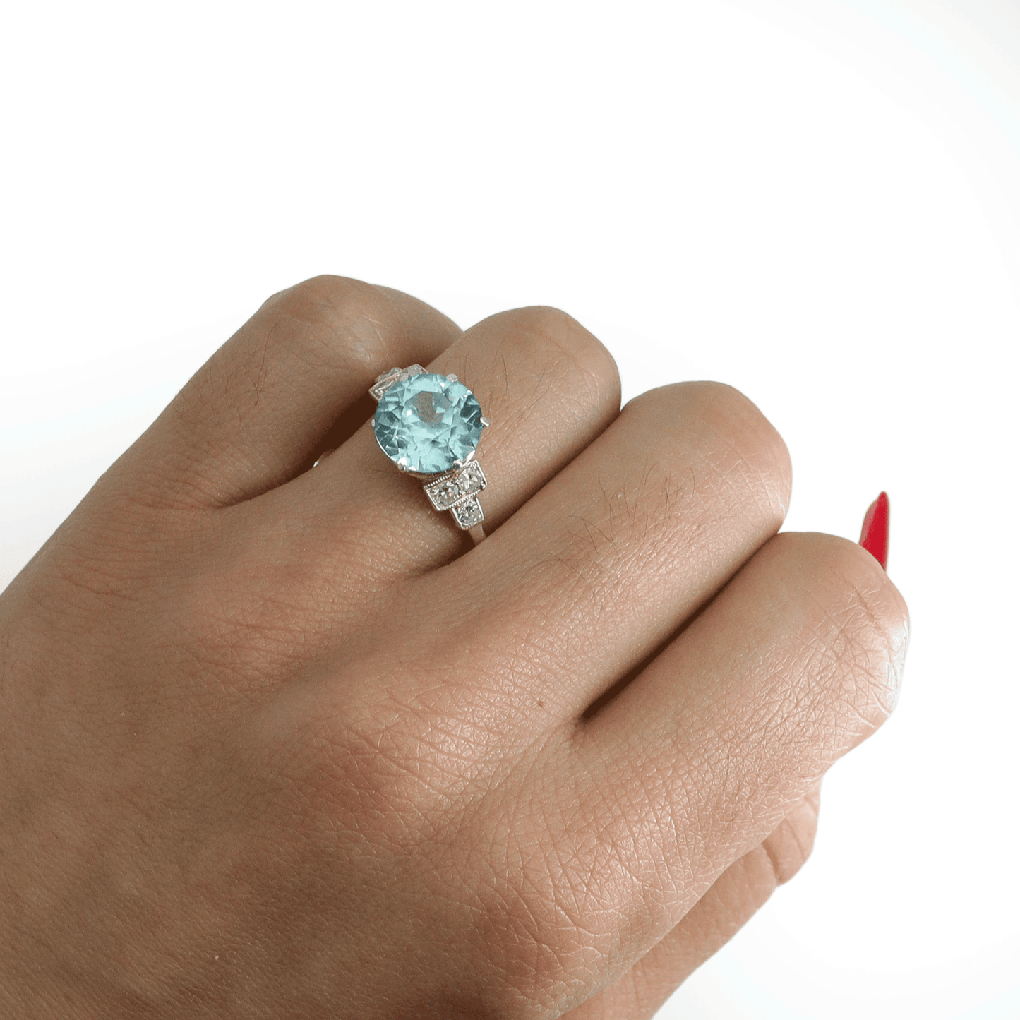 Art Deco Blue Zircon and Diamond Solitaire Ring - Friar House