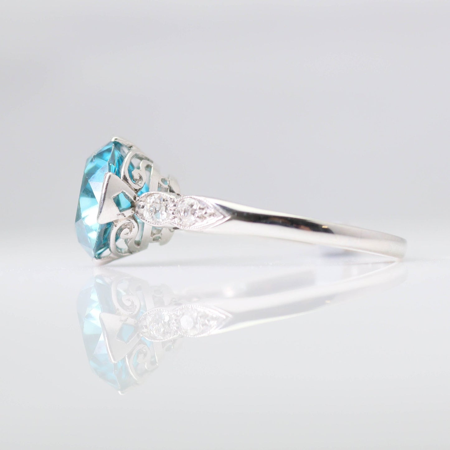 Art Deco Blue Zircon and Diamond Solitaire Ring - Friar House