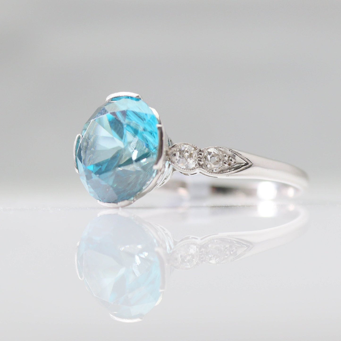 Art Deco Blue Zircon and Diamond Solitaire Ring - Friar House