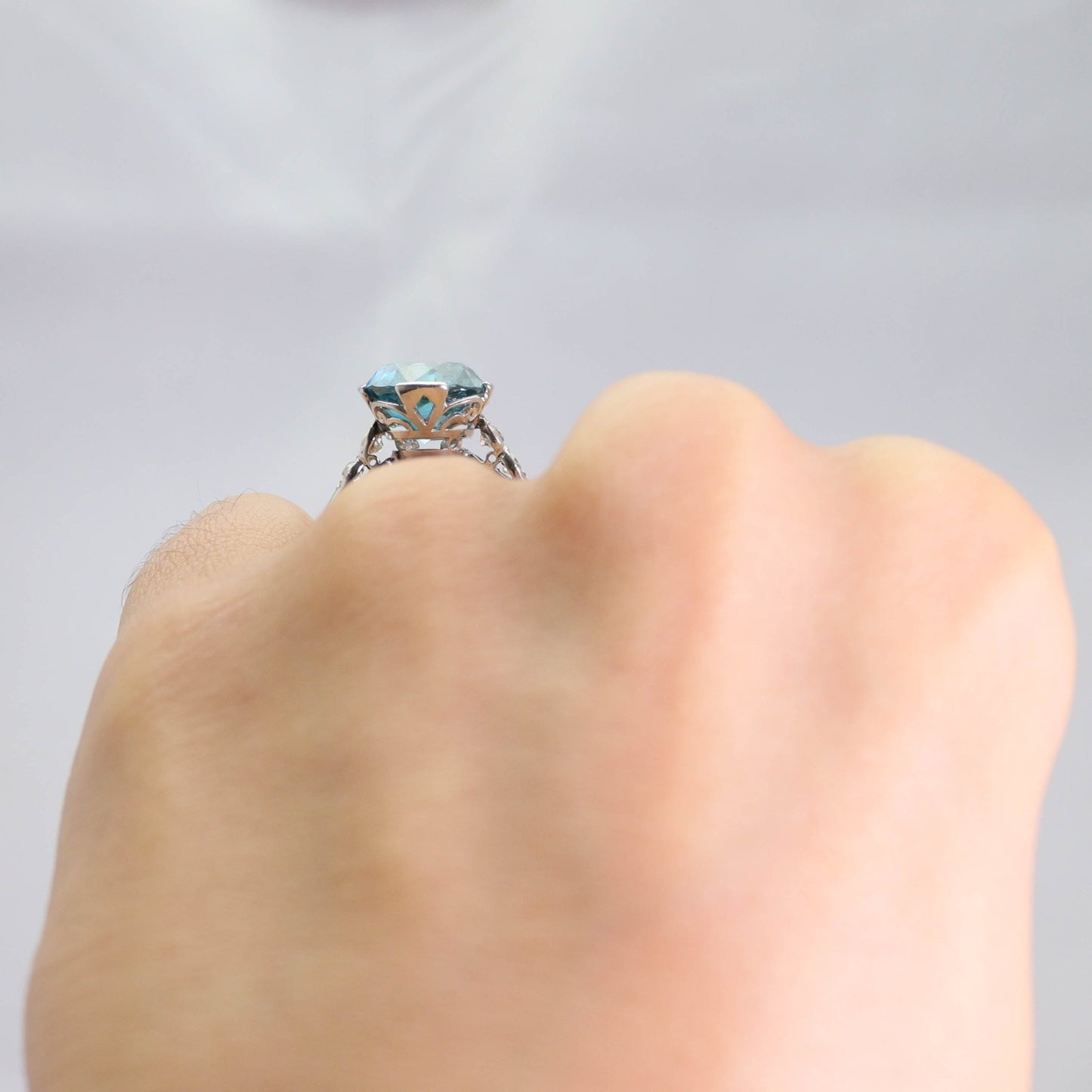 Art Deco Blue Zircon and Diamond Solitaire Ring - Friar House