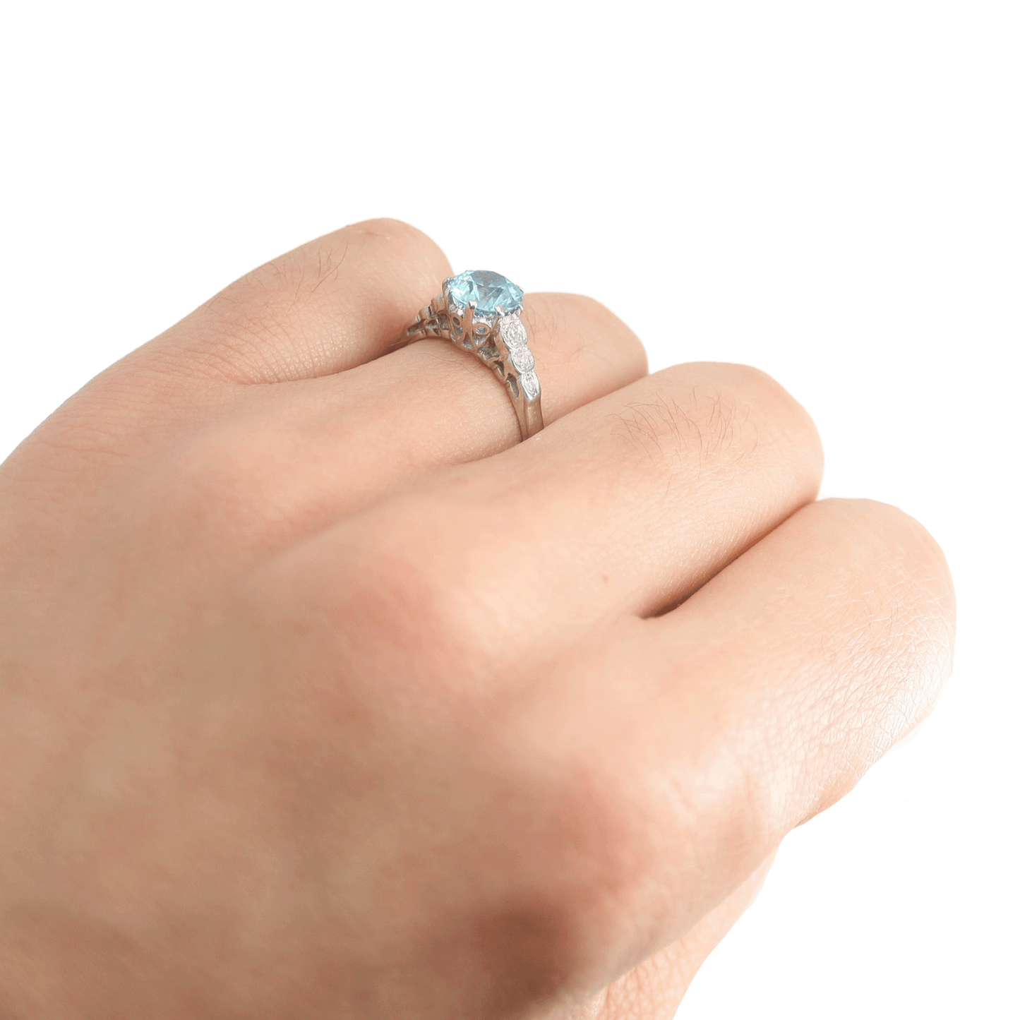 Art Deco Blue Zircon and Diamond Solitaire Ring - Friar House