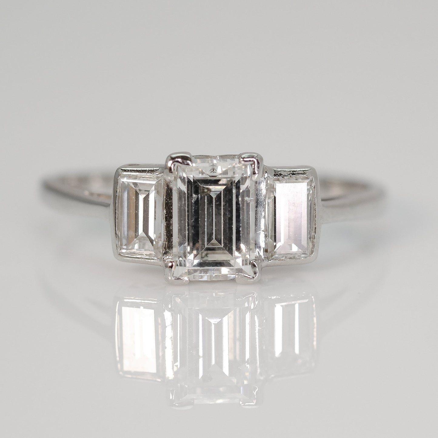 Art Deco Emerald Cut Diamond three stone Engagement Ring - Friar House