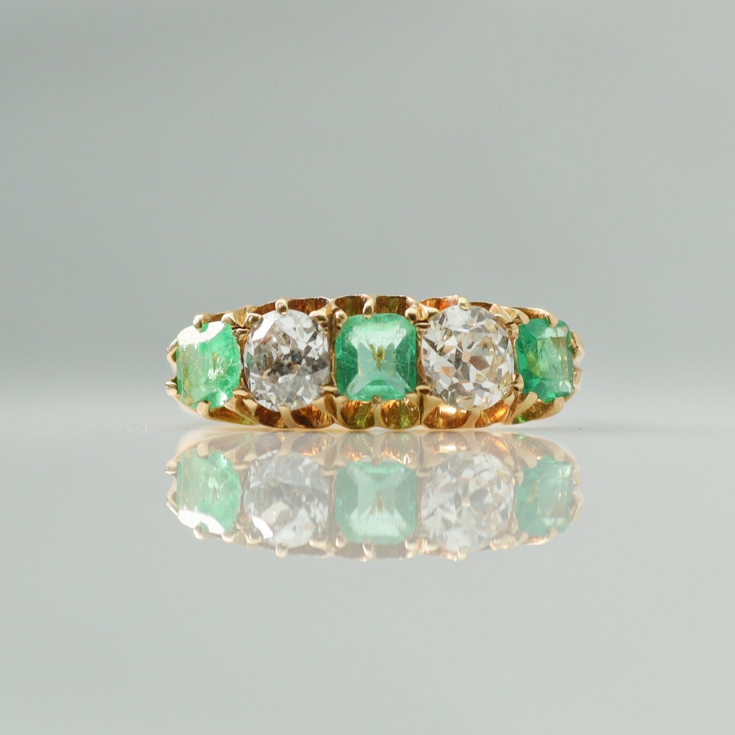 Art Deco Five Stone Emerald and Diamond Ring - Friar House
