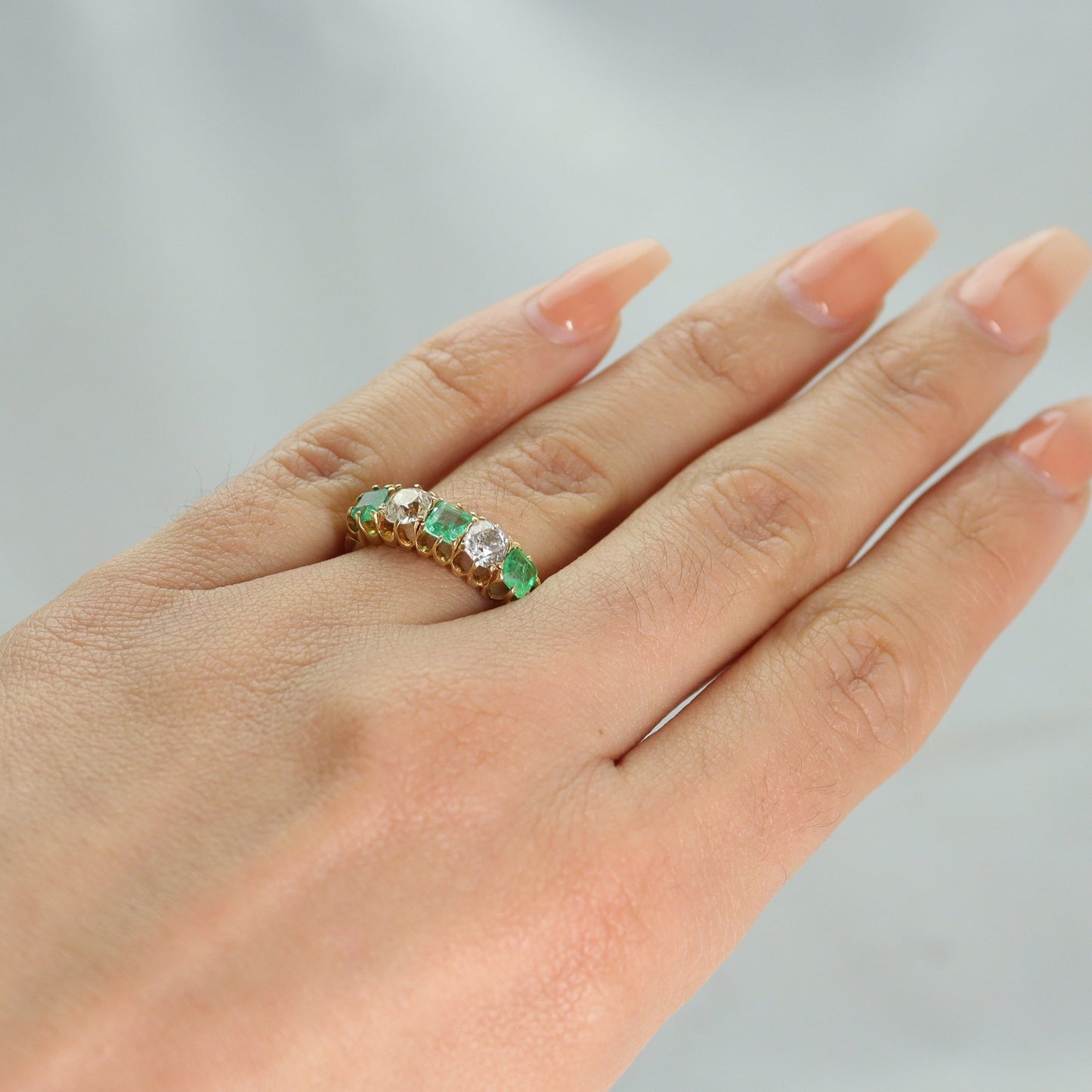 Art Deco Five Stone Emerald and Diamond Ring - Friar House