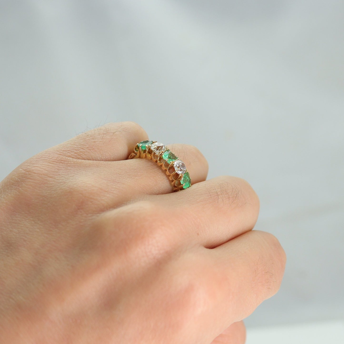 Art Deco Five Stone Emerald and Diamond Ring - Friar House