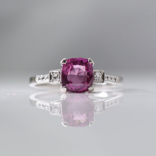 Art Deco Pink Sapphire and Diamond Solitaire Ring - Friar House
