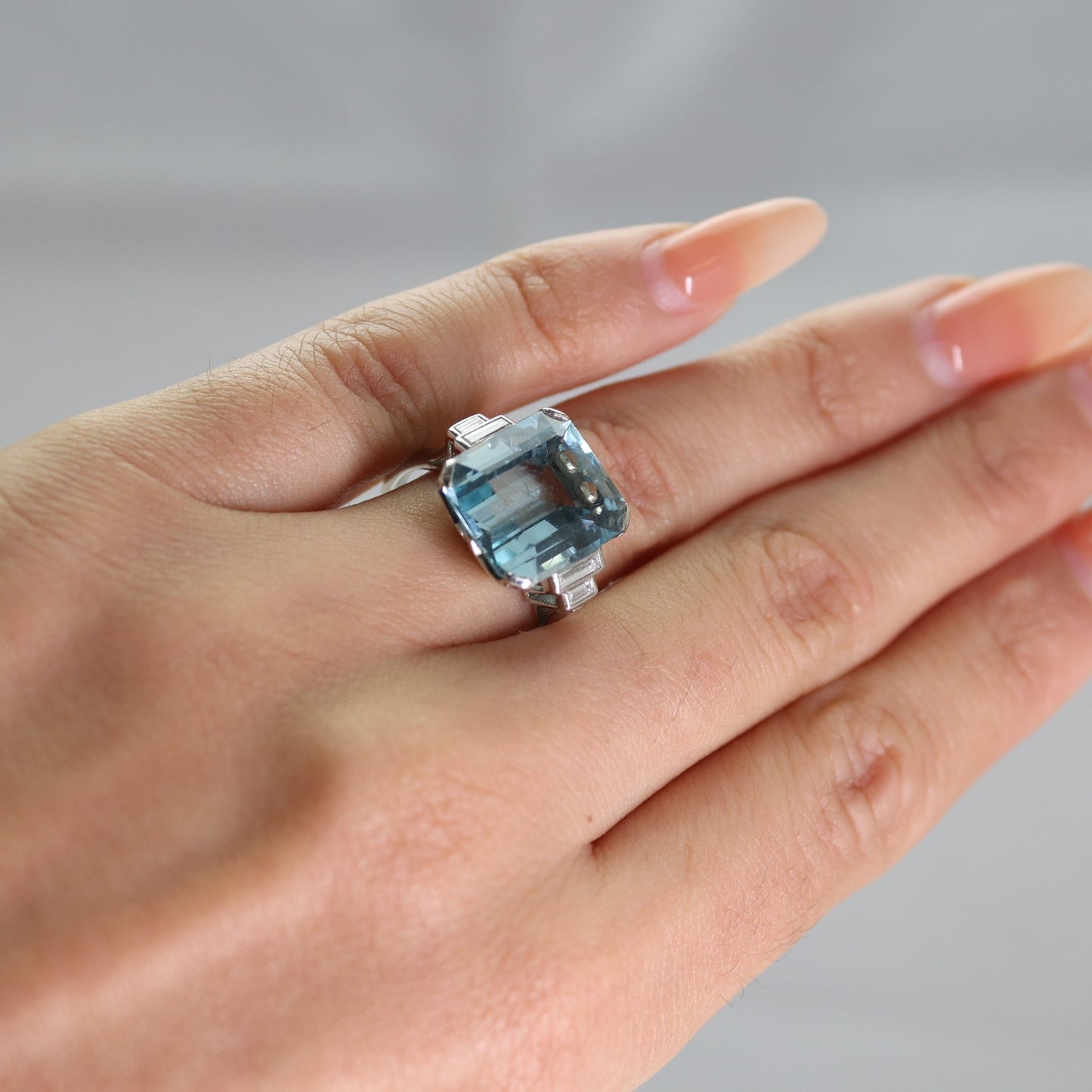 Art Deco Platinium Rectangular Cut Aquamarine Ring - Friar House