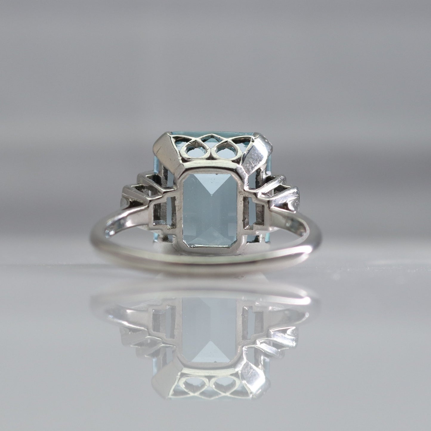 Art Deco Platinium Rectangular Cut Aquamarine Ring - Friar House