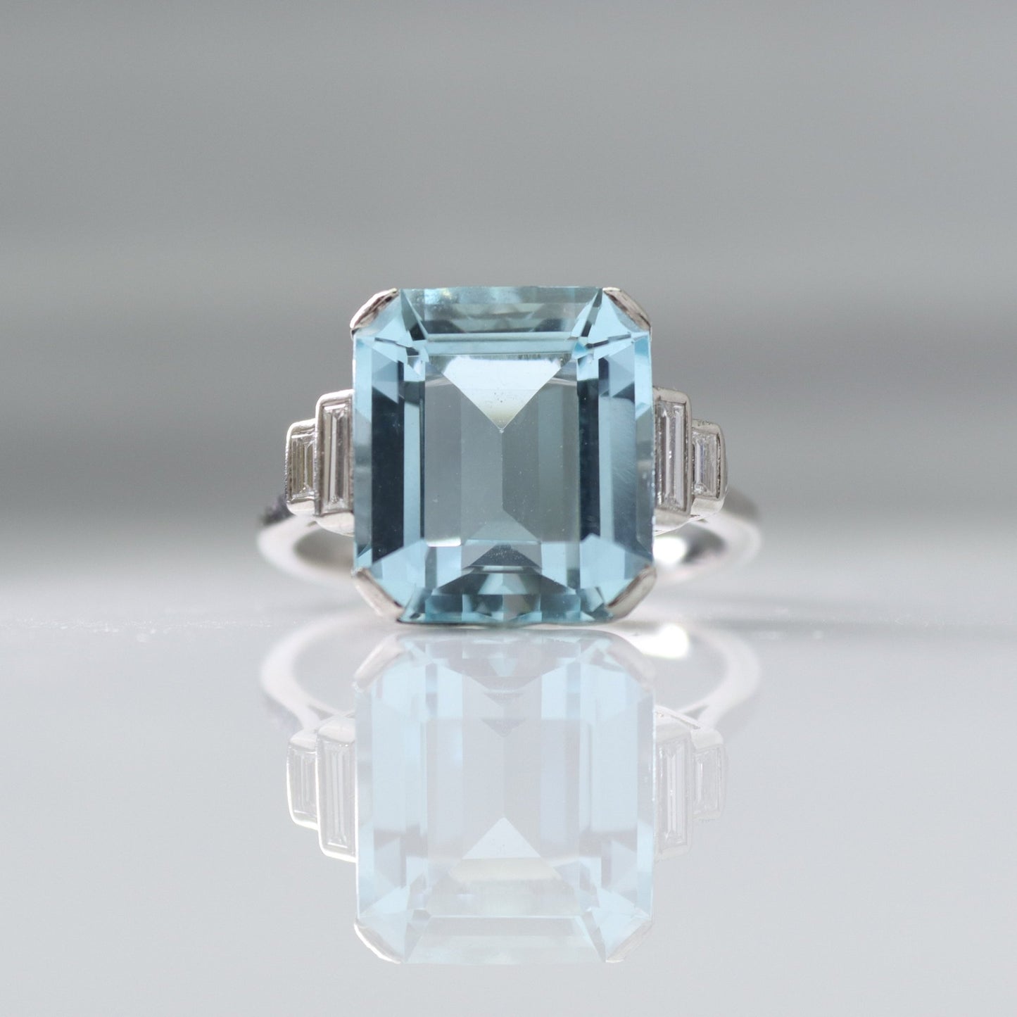 Art Deco Platinium Rectangular Cut Aquamarine Ring - Friar House