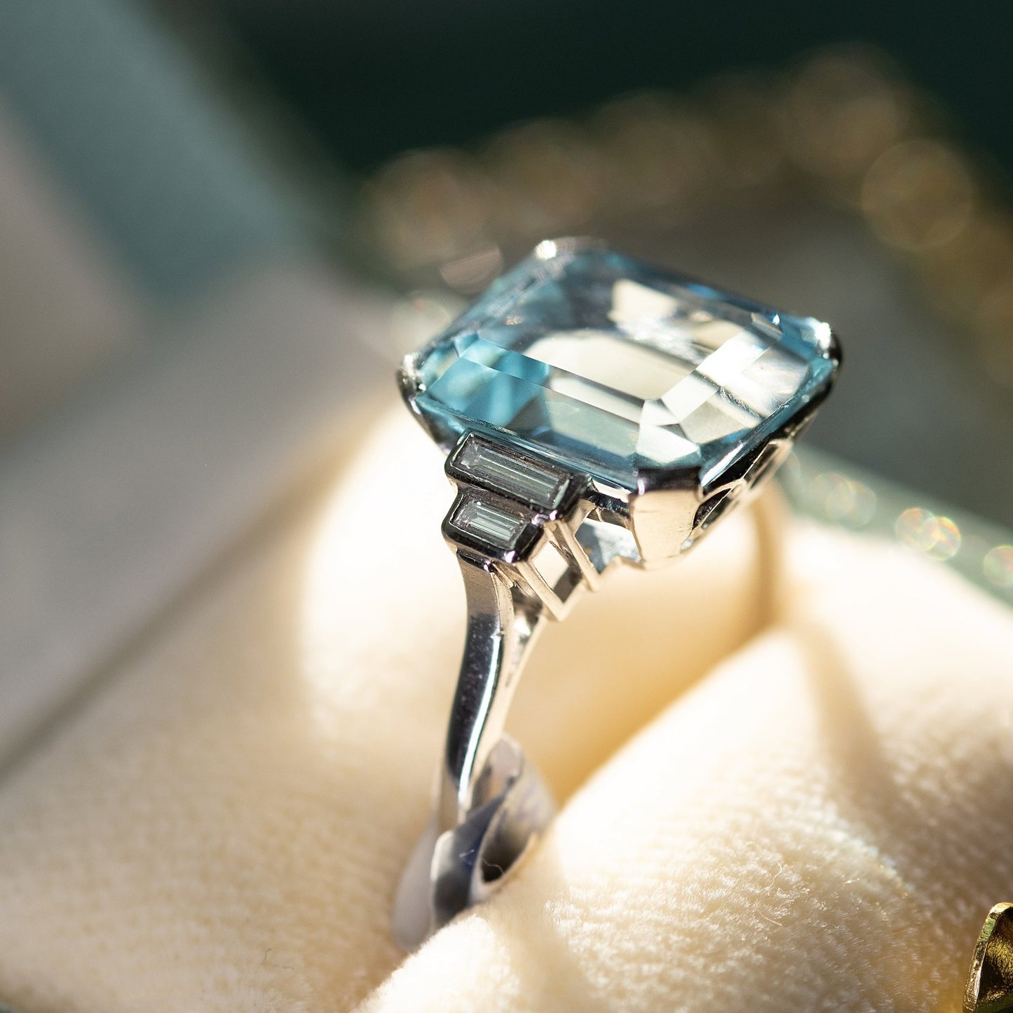 Art Deco Platinium Rectangular Cut Aquamarine Ring - Friar House
