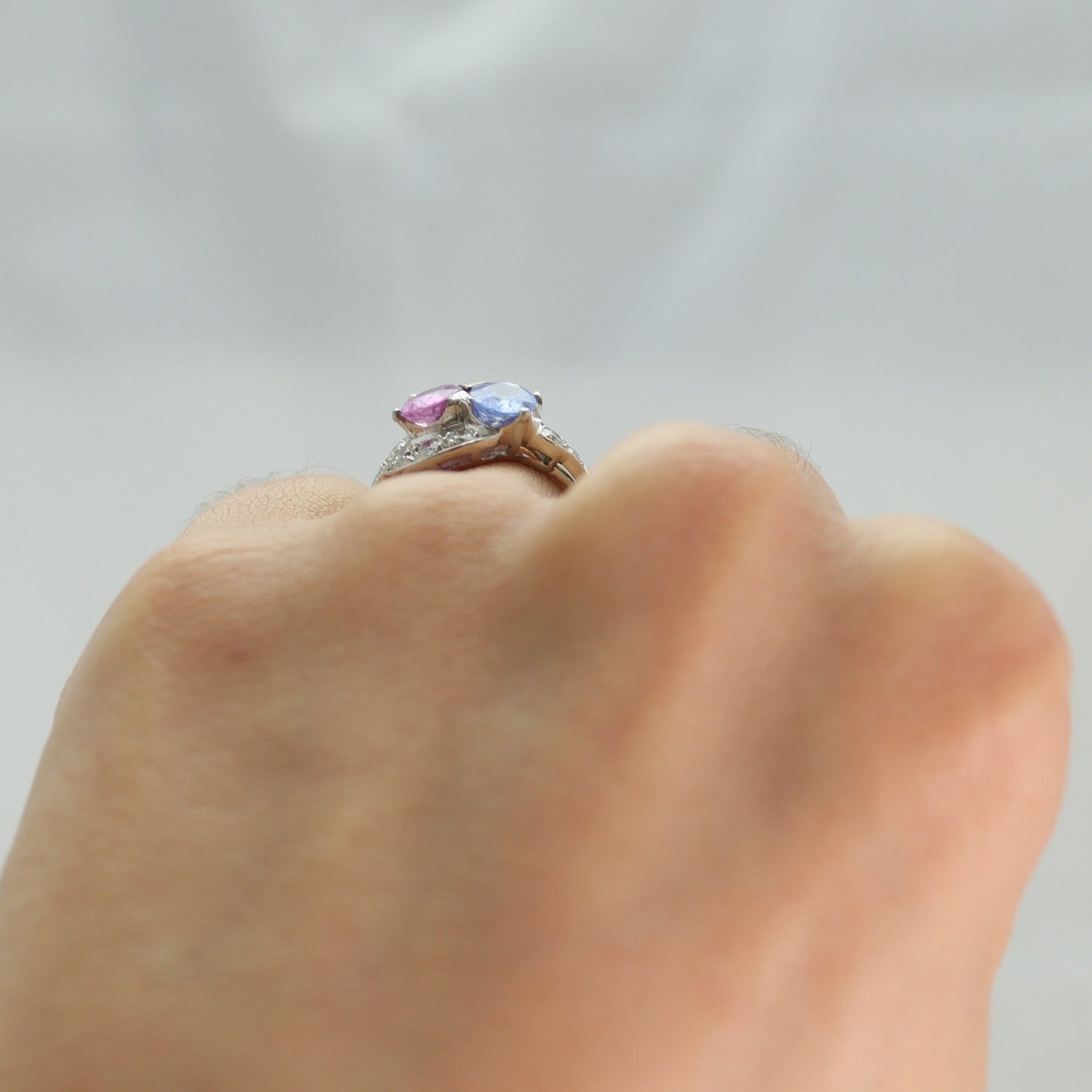 Pink and Blue Sapphire Two Stone Crossover Ring - Friar House