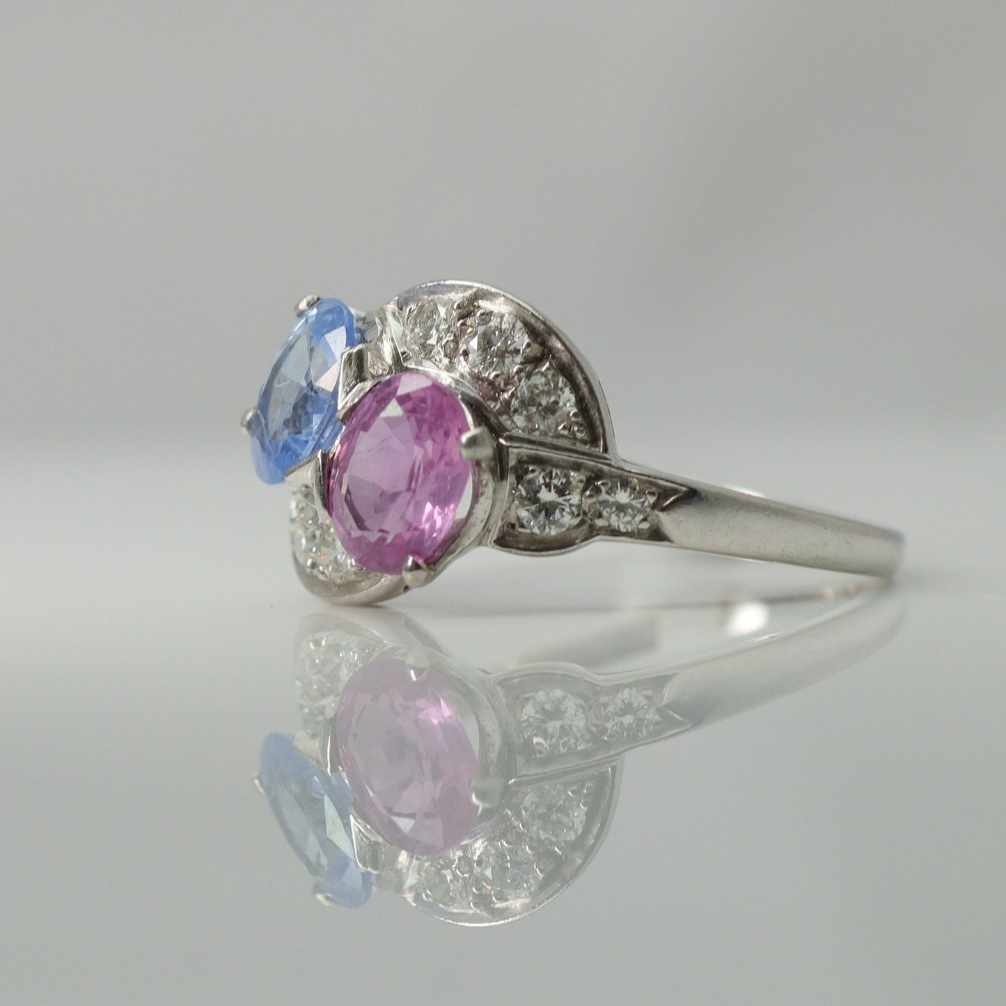 Pink and Blue Sapphire Two Stone Crossover Ring - Friar House