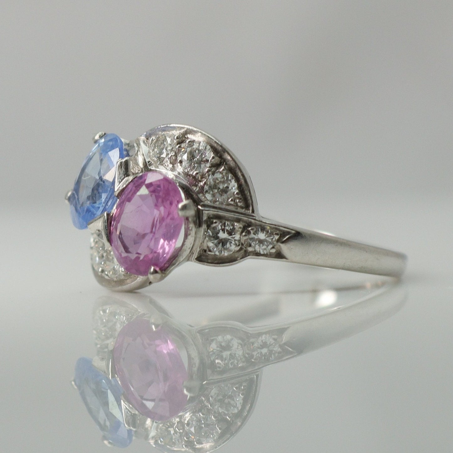Pink and Blue Sapphire Two Stone Crossover Ring - Friar House