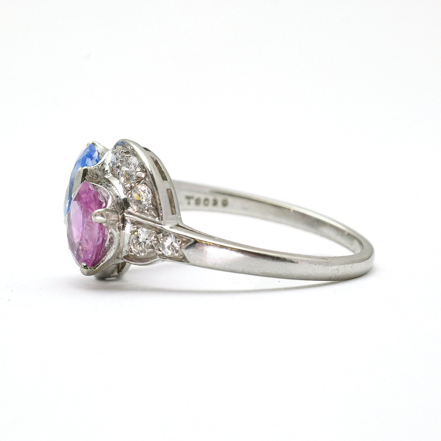 Pink and Blue Sapphire Two Stone Crossover Ring - Friar House