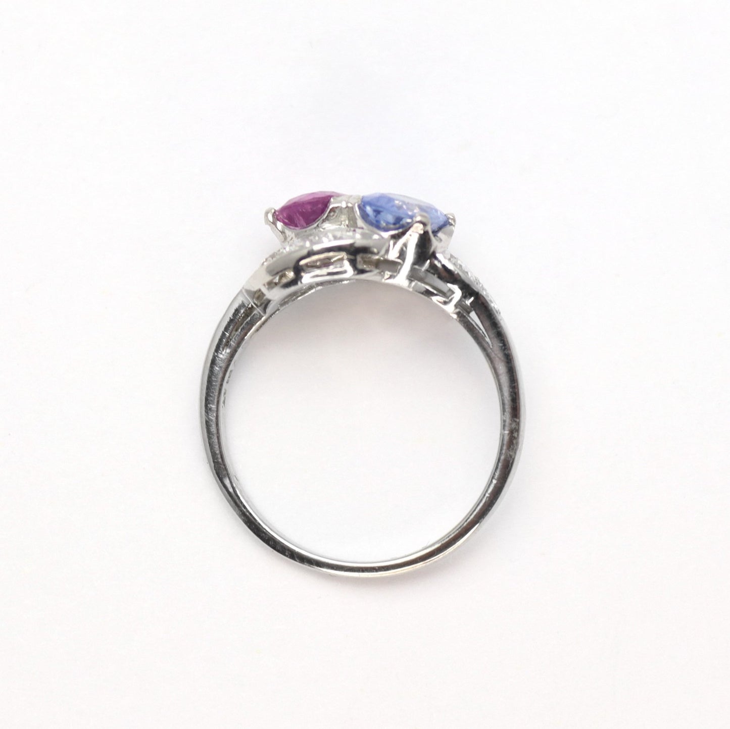 Pink and Blue Sapphire Two Stone Crossover Ring - Friar House