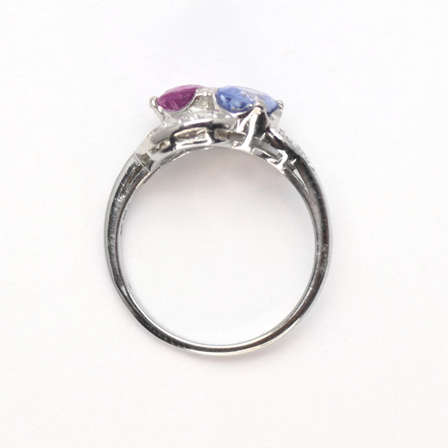 Pink and Blue Sapphire Two Stone Crossover Ring - Friar House