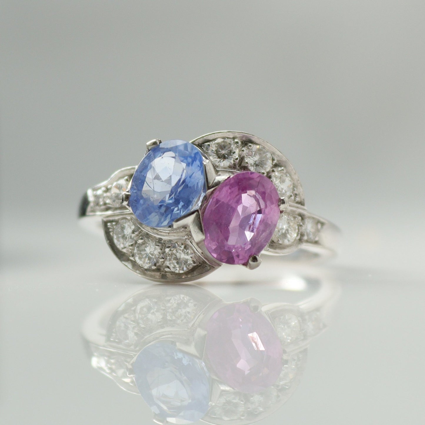 Pink and Blue Sapphire Two Stone Crossover Ring - Friar House