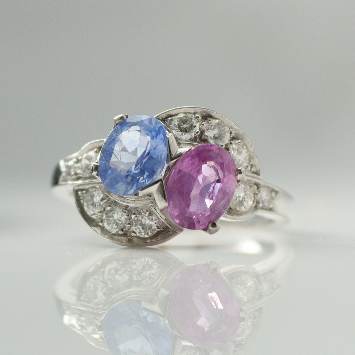 Pink and Blue Sapphire Two Stone Crossover Ring - Friar House