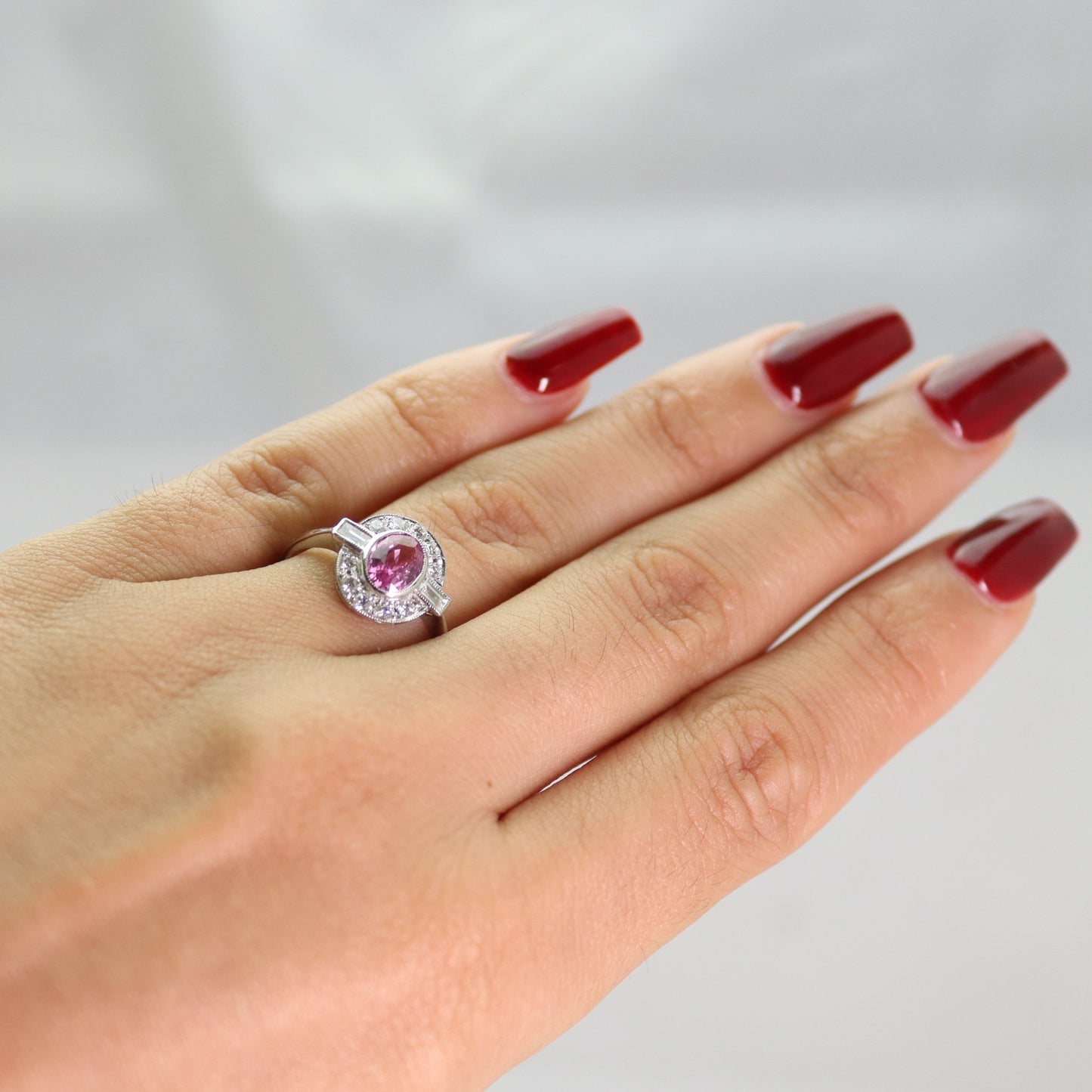 Platinum Pink Sapphire and Diamond Cluster Ring - Friar House