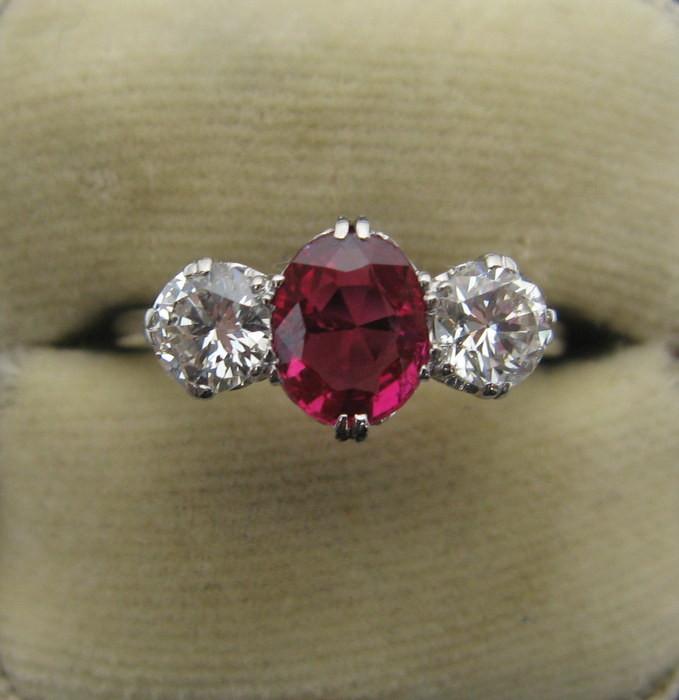Platinum Ruby and Diamond Three Stone Ring - Friar House