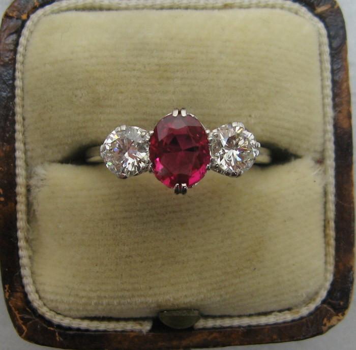 Platinum Ruby and Diamond Three Stone Ring - Friar House