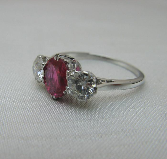 Platinum Ruby and Diamond Three Stone Ring - Friar House