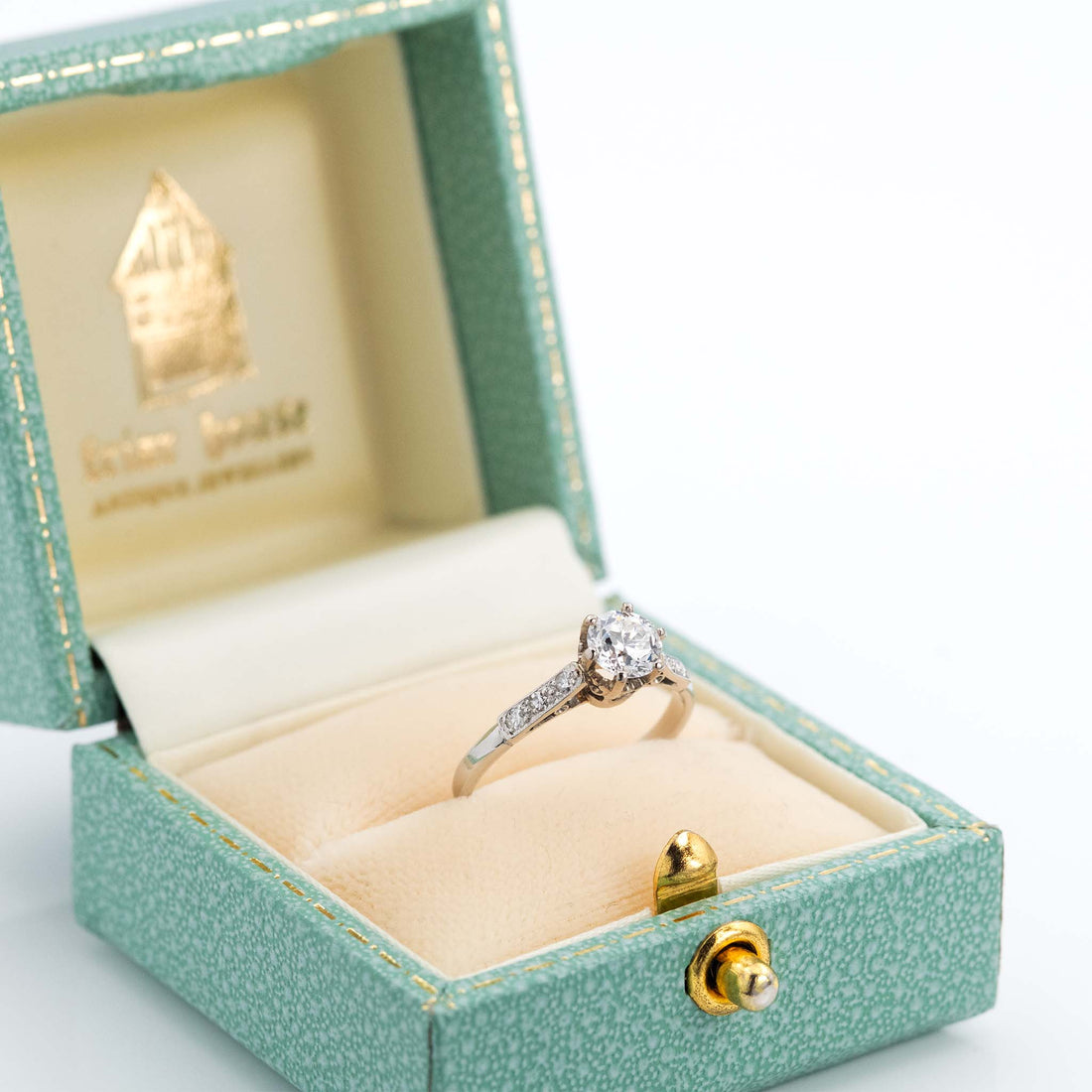 Platinum Art Deco Diamond Engagement Ring Presented in Friar House Antique Jewellery Box