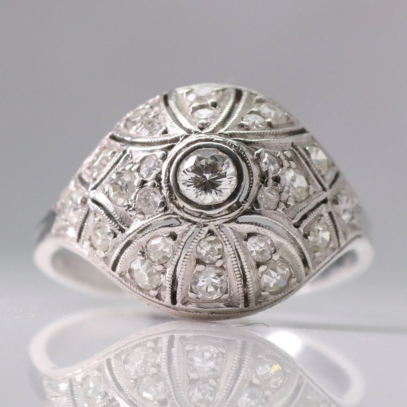 Art Deco 18ct White Gold Diamond Bombé Style Ring - Friar House
