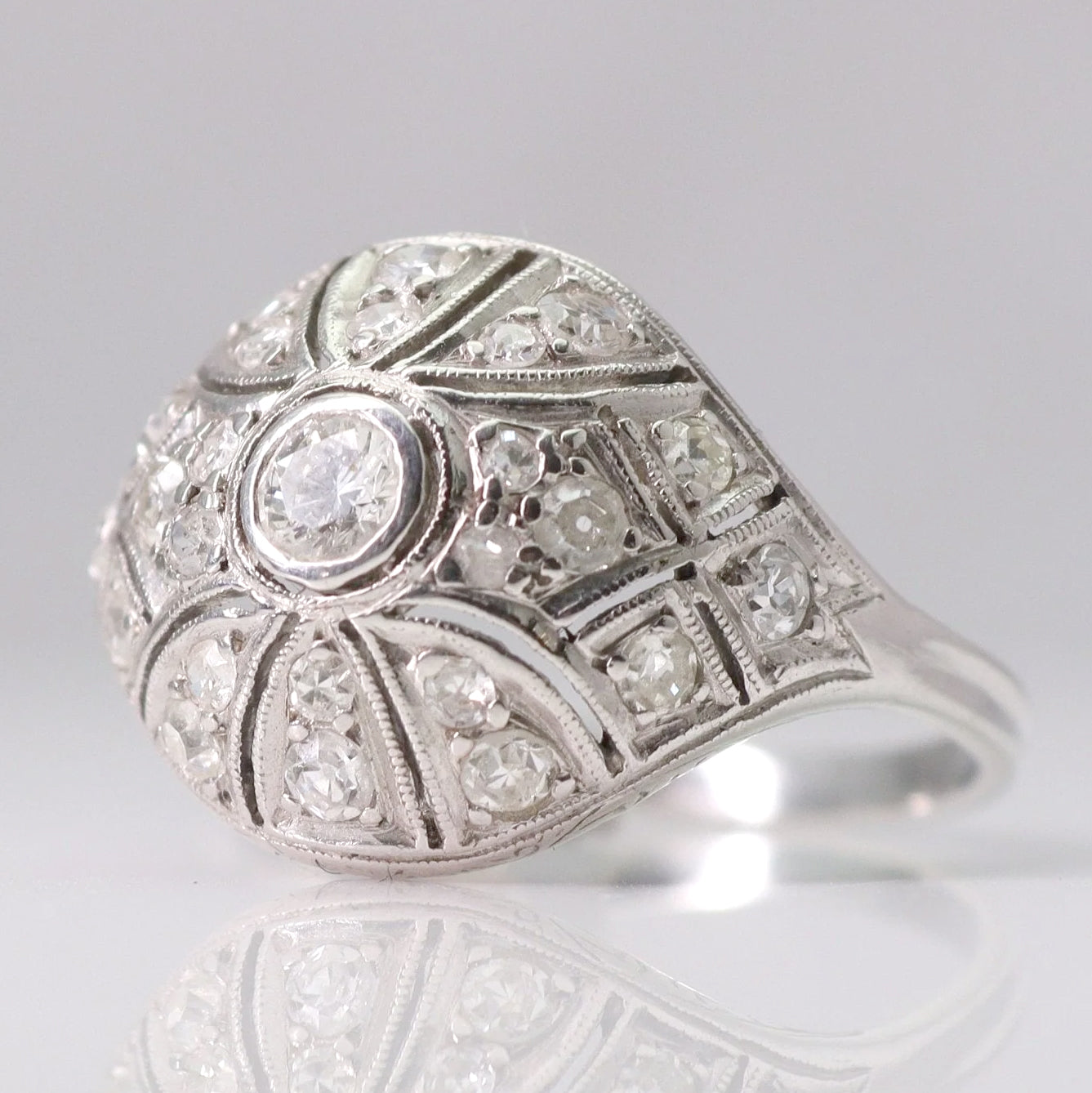 Art Deco 18ct White Gold Diamond Bombé Style Ring - Friar House