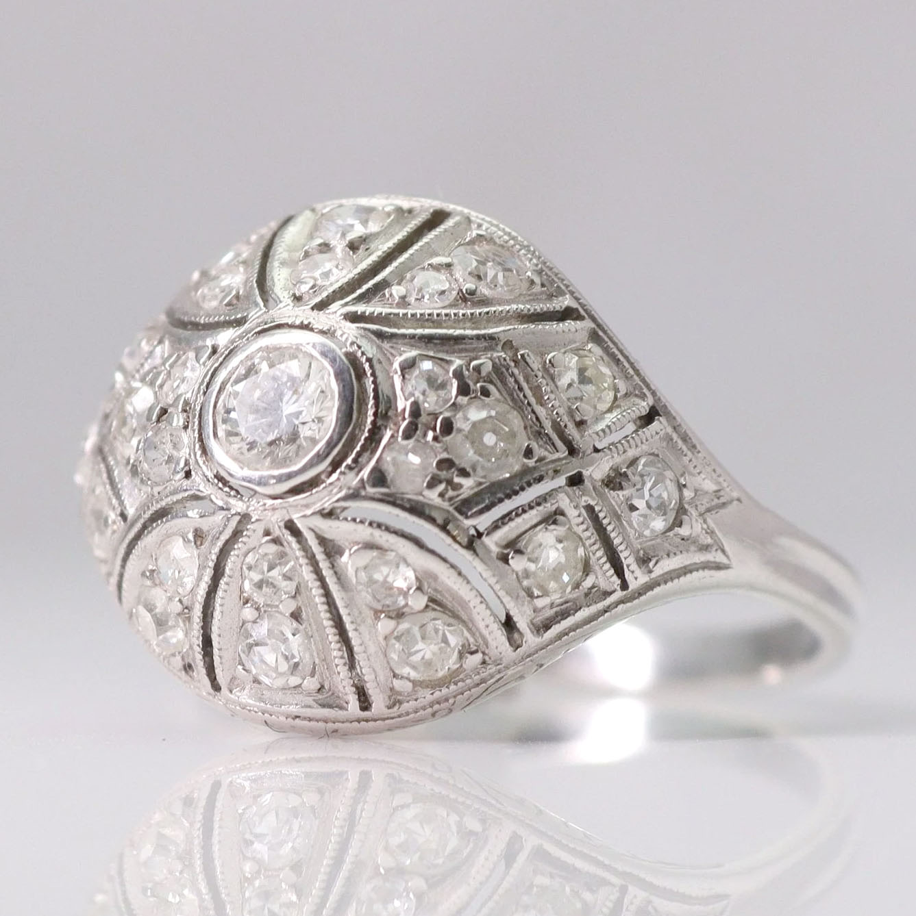 Art Deco 18ct White Gold Diamond Bombé Style Ring