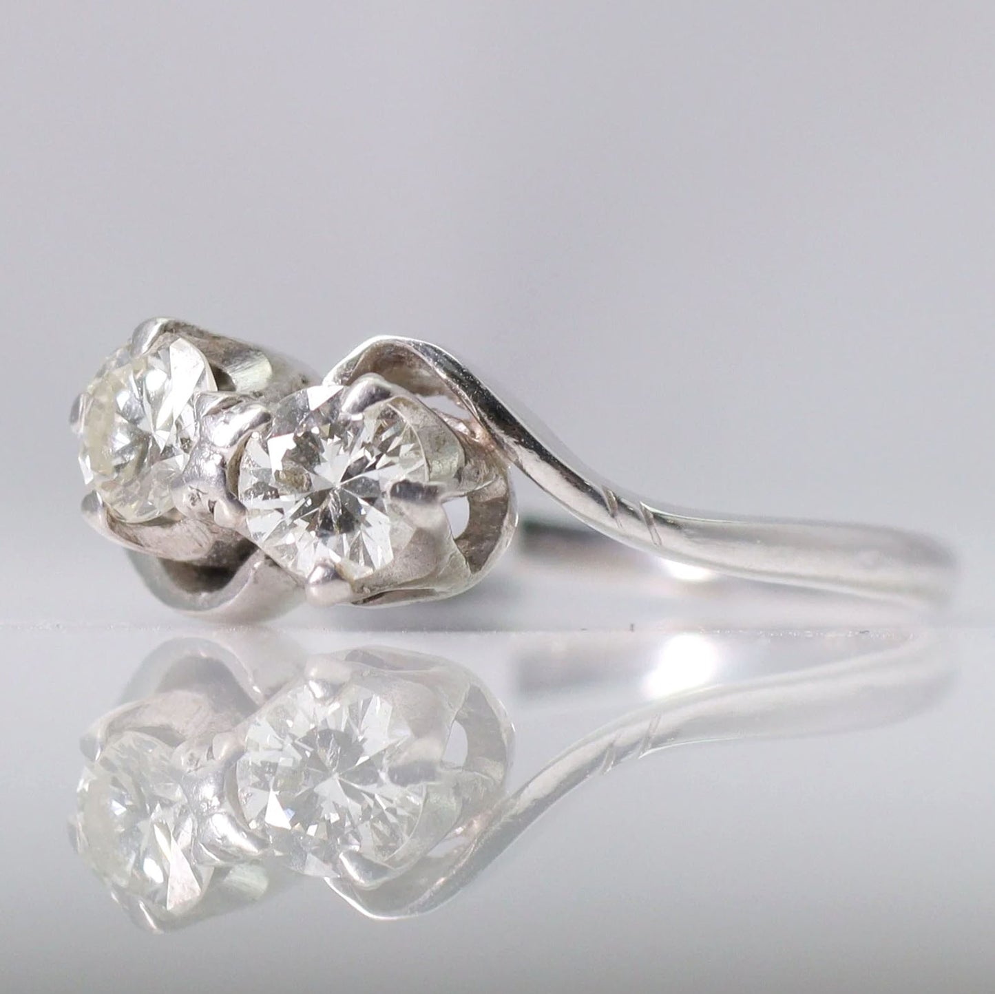Art Deco 18ct White Gold Diamond Two Stone Twist Ring