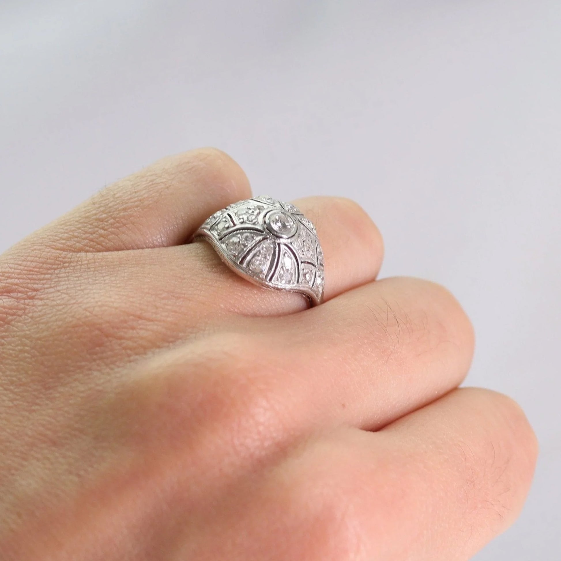 Art Deco 18ct White Gold Diamond Bombé Style Ring - Friar House