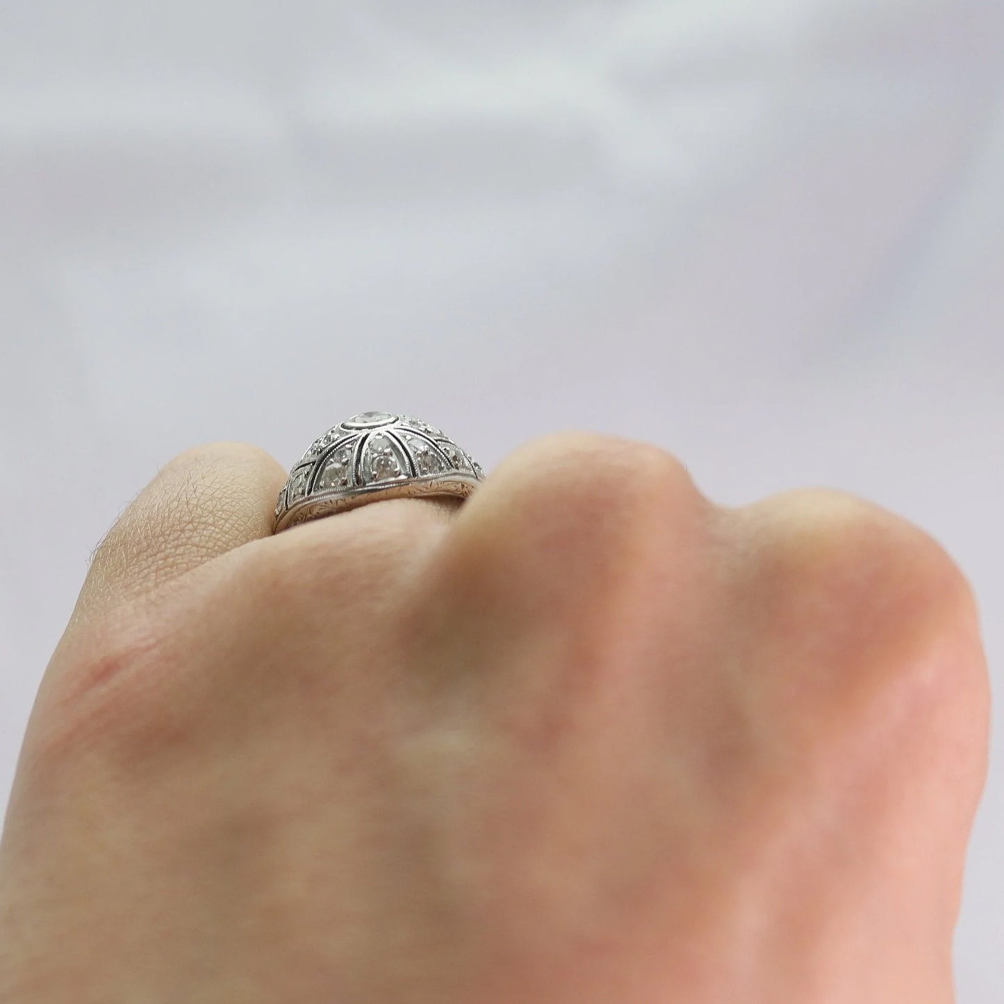 Art Deco 18ct White Gold Diamond Bombé Style Ring - Friar House