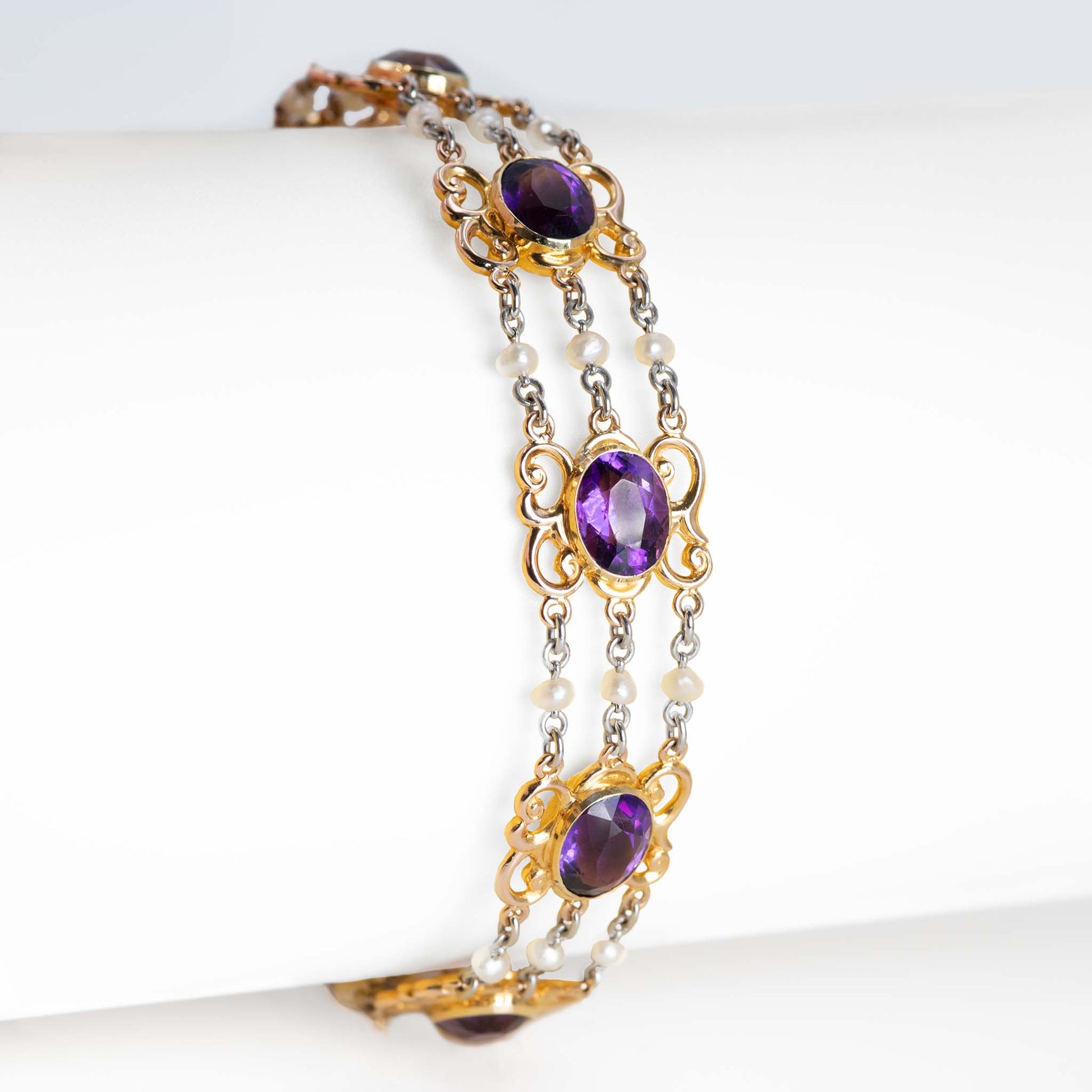 Art Deco 15ct Rose Gold and Platinum Amethyst and Seed Pearl Bracelet - Friar House