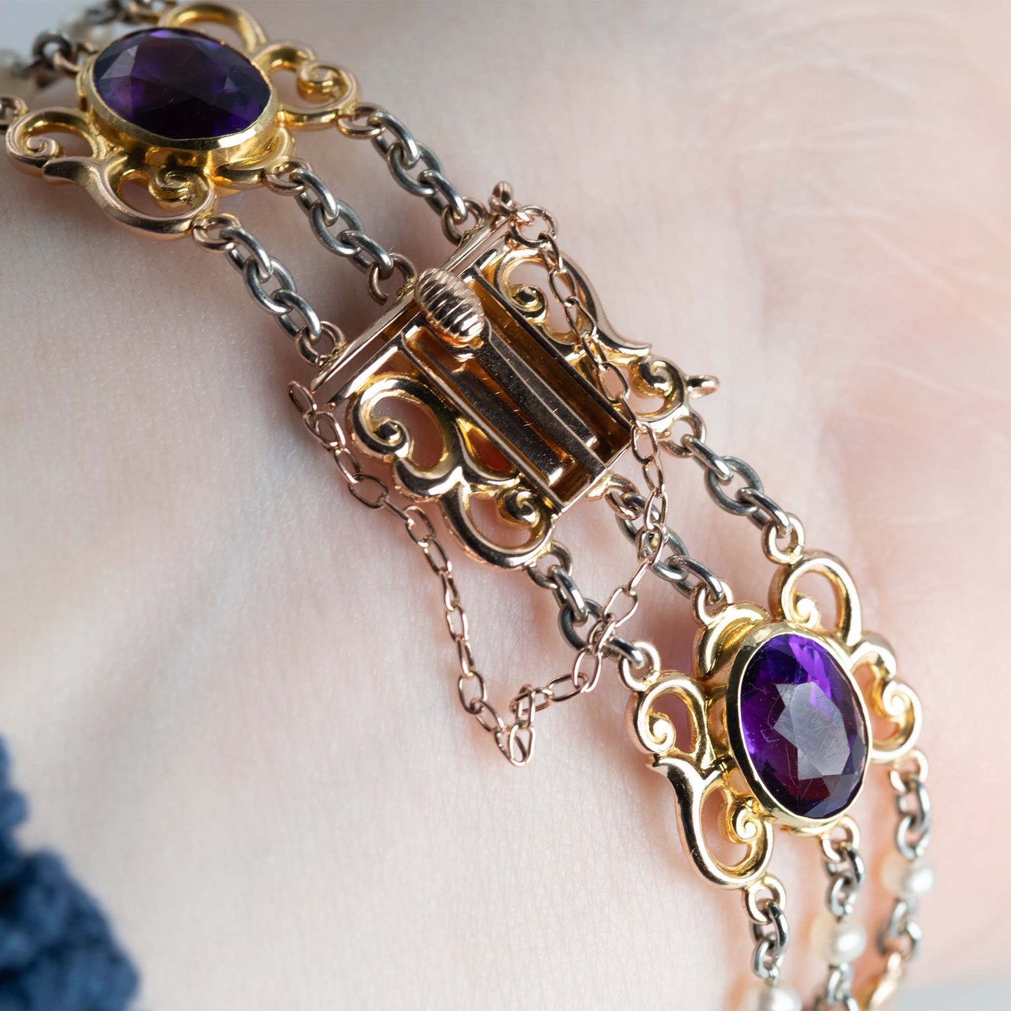 Art Deco 15ct Rose Gold and Platinum Amethyst and Seed Pearl Bracelet - Friar House