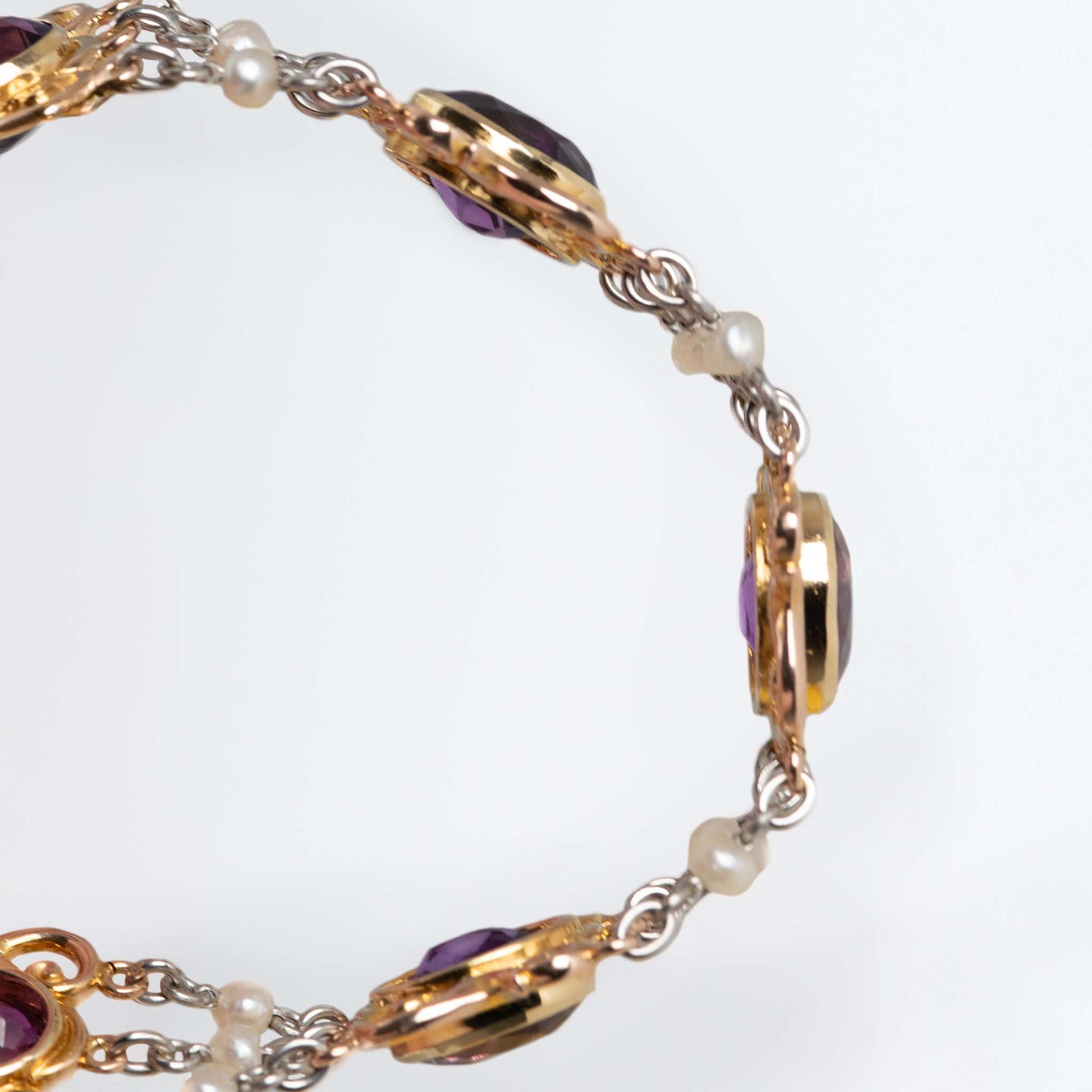 Art Deco 15ct Rose Gold and Platinum Amethyst and Seed Pearl Bracelet - Friar House