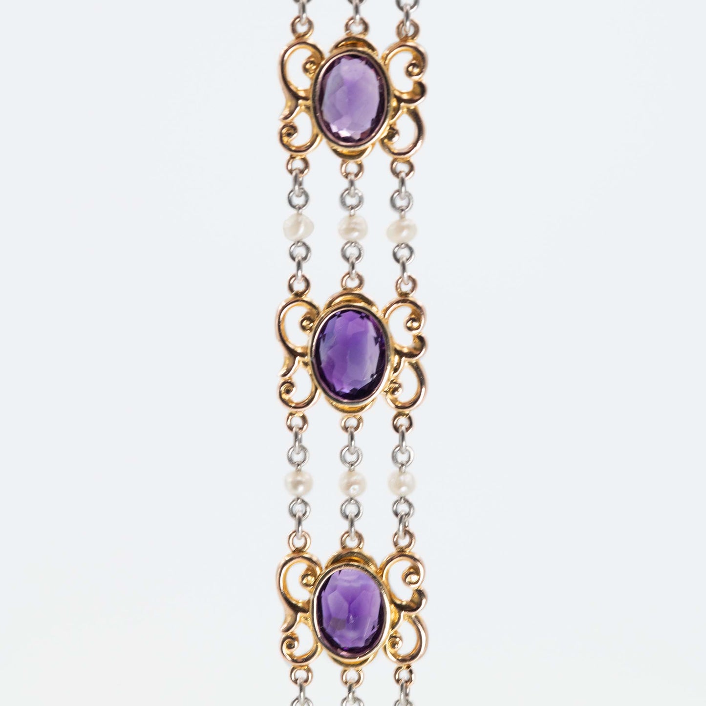 Art Deco 15ct Rose Gold and Platinum Amethyst and Seed Pearl Bracelet - Friar House