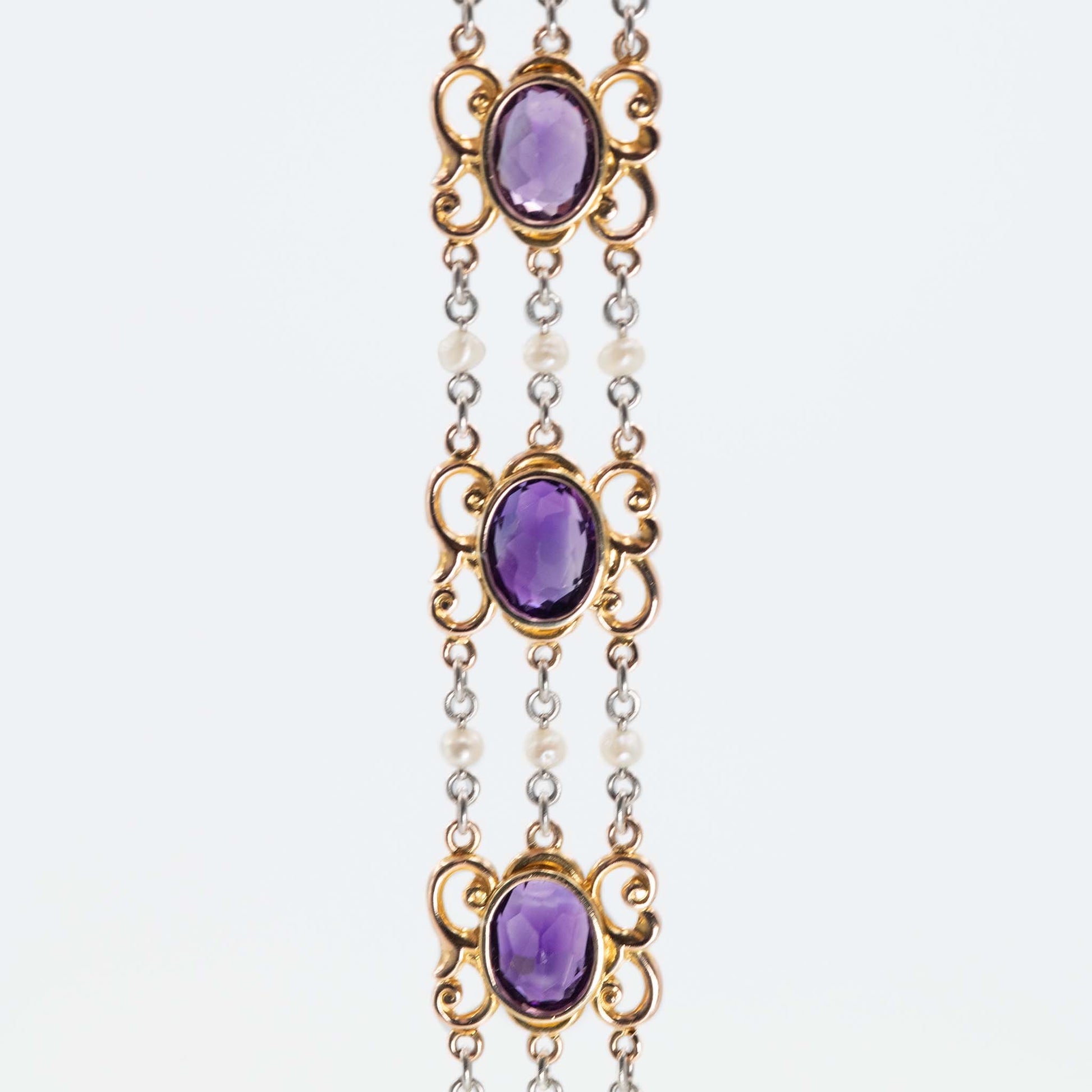 Art Deco 15ct Rose Gold and Platinum Amethyst and Seed Pearl Bracelet - Friar House