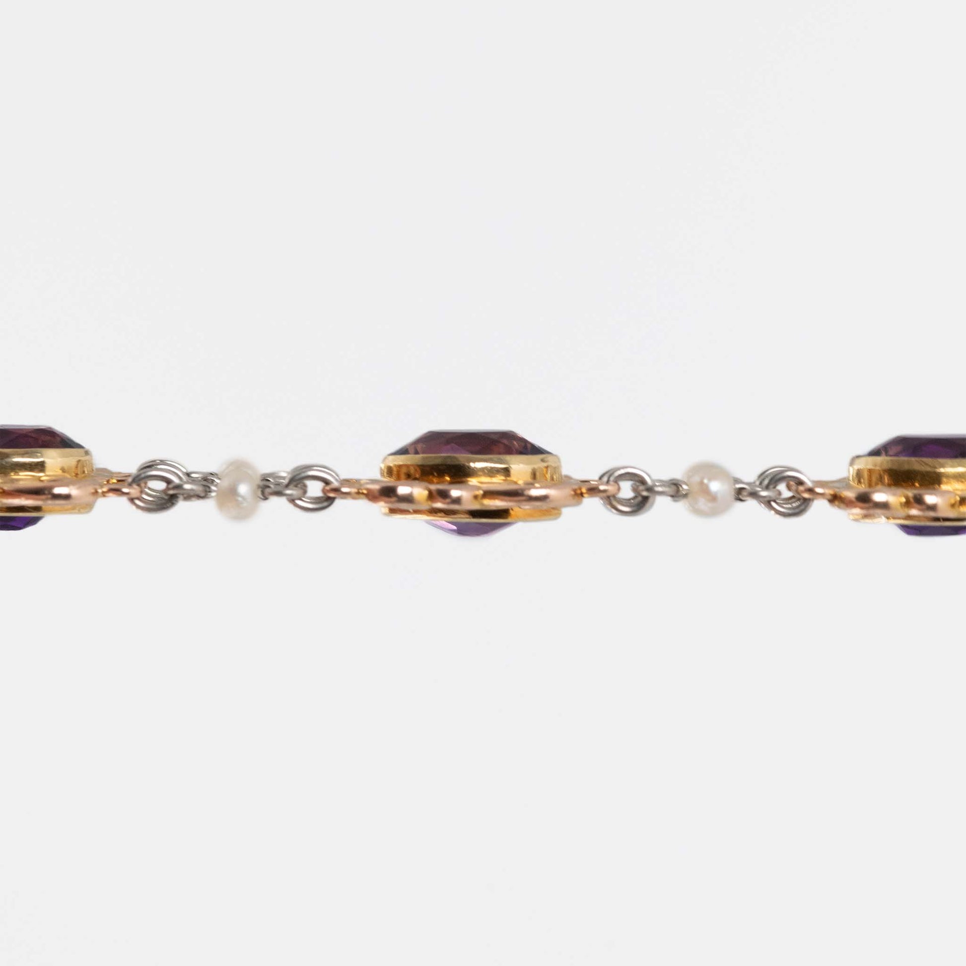 Art Deco 15ct Rose Gold and Platinum Amethyst and Seed Pearl Bracelet - Friar House