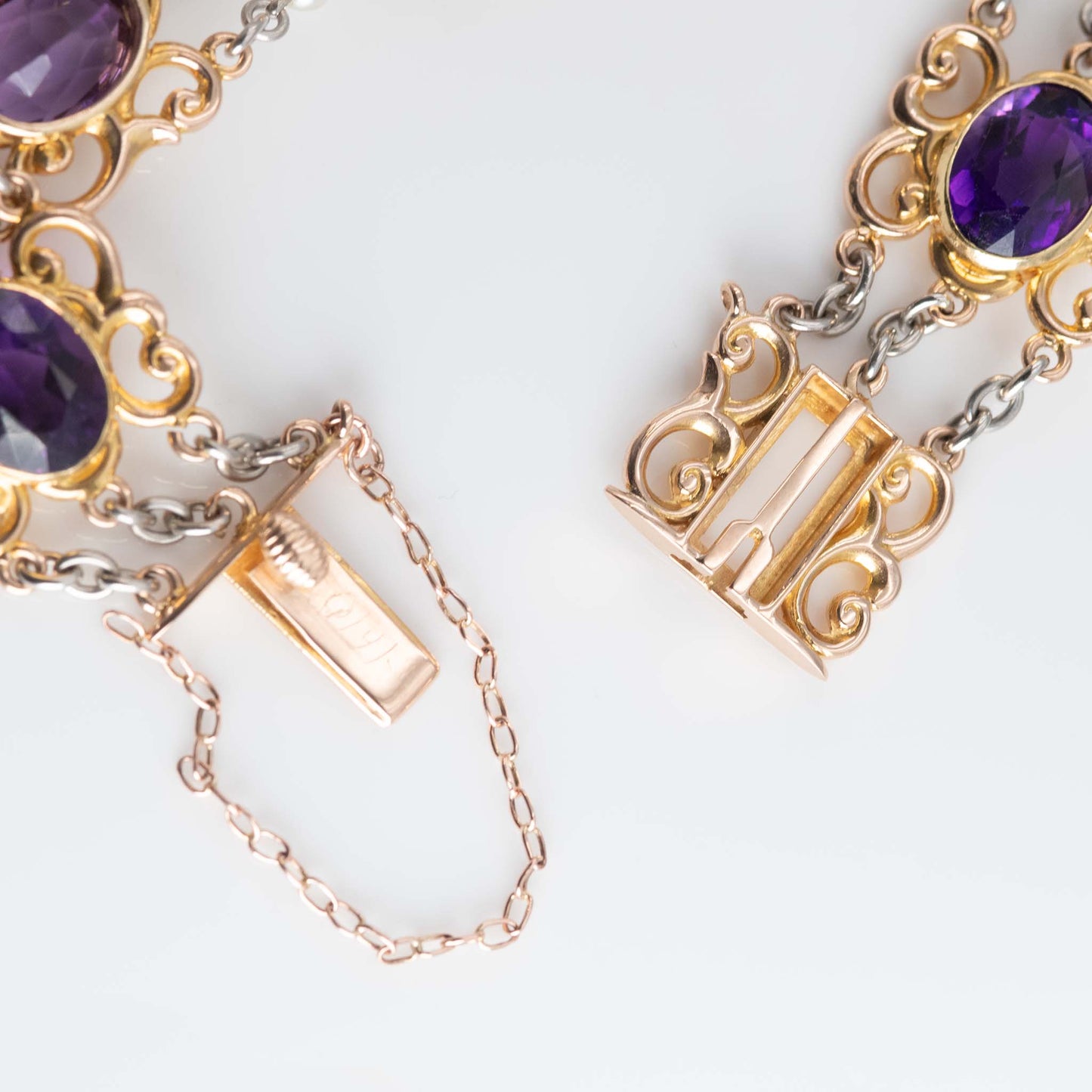 Art Deco 15ct Rose Gold and Platinum Amethyst and Seed Pearl Bracelet - Friar House