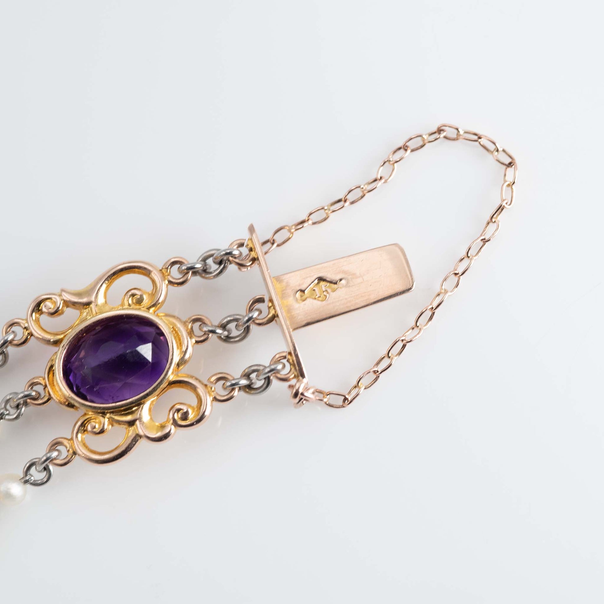 Art Deco 15ct Rose Gold and Platinum Amethyst and Seed Pearl Bracelet - Friar House